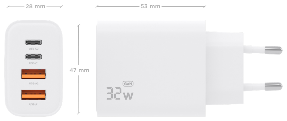 AISENS Cargador GaN 32W. 2xUSB-C PD3.0. 2xUSB-A. Blanco - detalle