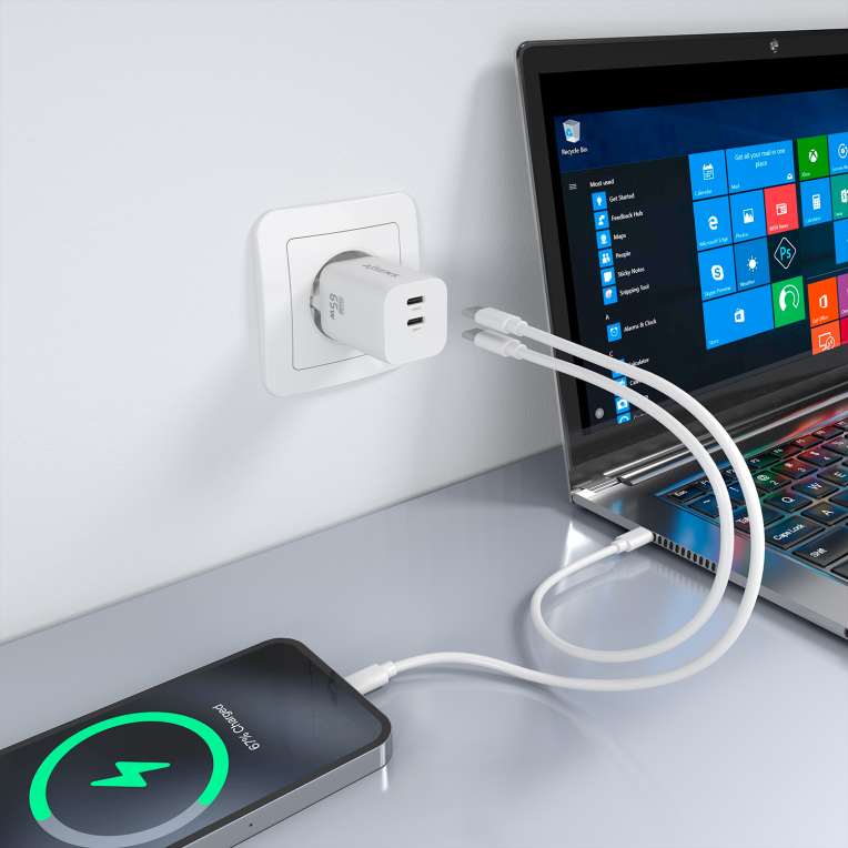 AISENS Cargador GaN 65W. 2xUSB-C PD3.0 QC4.0. Blanco - detalle