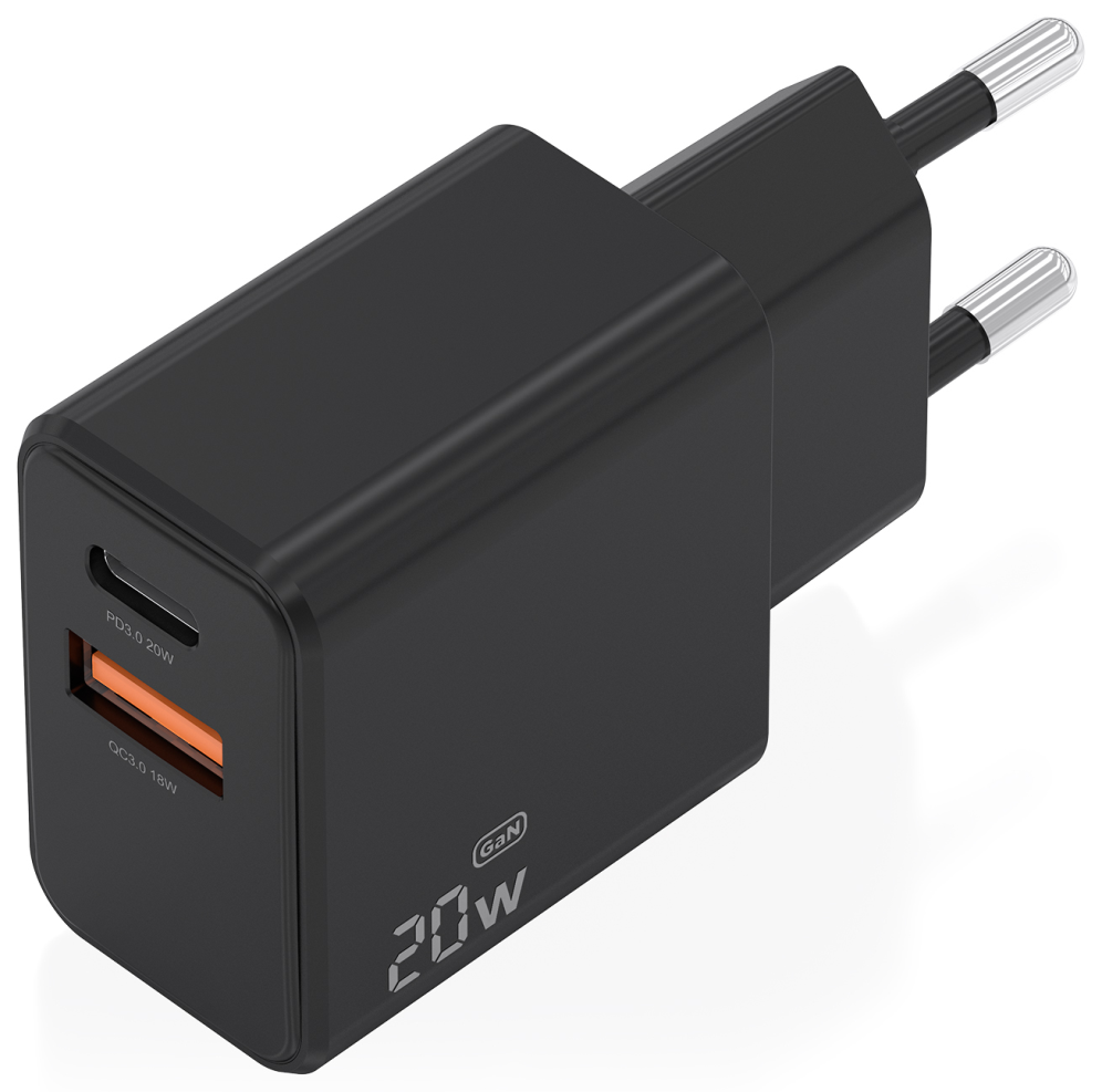 AISENS Cargador GaN 20W. 1xUSB-C PD3.0. 1xUSB-A QC3.0. Negro - detalle