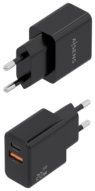 AISENS Cargador GaN 20W. 1xUSB-C PD3.0. 1xUSB-A QC3.0. Negro - detalle