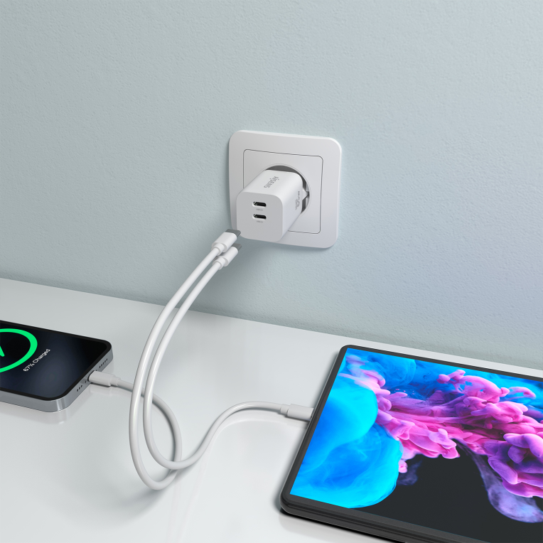 AISENS Cargador GaN 65W. 2xUSB-C PD3.0 QC4.0. Blanco - detalle