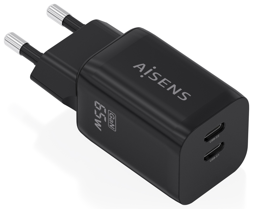 AISENS Cargador GaN 65W. 2xUSB-C PD3.0 QC4.0. Negro - detalle