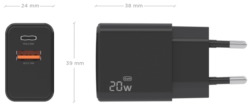AISENS Cargador GaN 20W. 1xUSB-C PD3.0. 1xUSB-A QC3.0. Negro - detalle