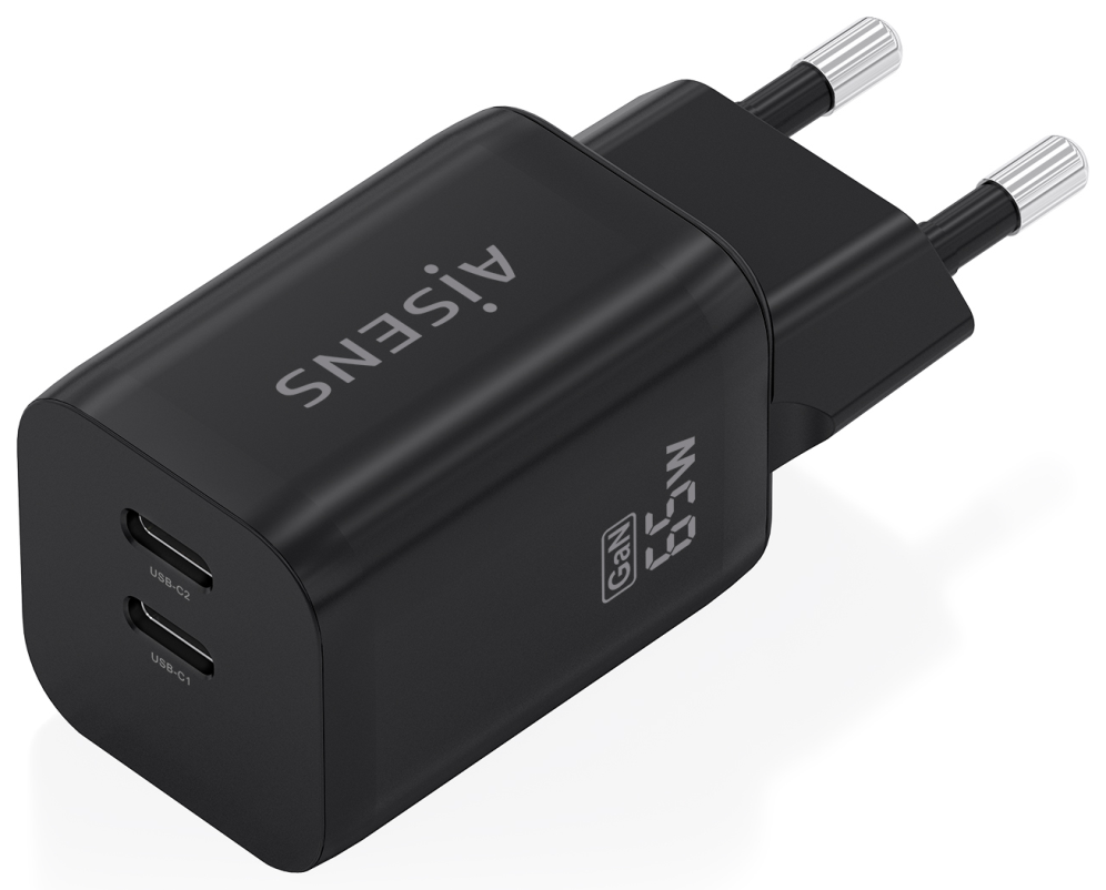 AISENS Cargador GaN 65W. 2xUSB-C PD3.0 QC4.0. Negro - detalle
