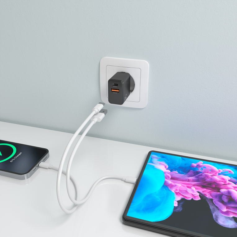 AISENS Cargador GaN 20W. 1xUSB-C PD3.0. 1xUSB-A QC3.0. Negro - detalle