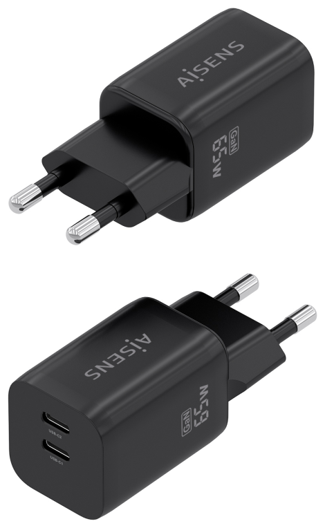 AISENS Cargador GaN 65W. 2xUSB-C PD3.0 QC4.0. Negro - detalle