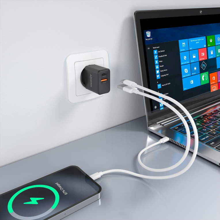 AISENS Cargador GaN 20W. 1xUSB-C PD3.0. 1xUSB-A QC3.0. Negro - detalle
