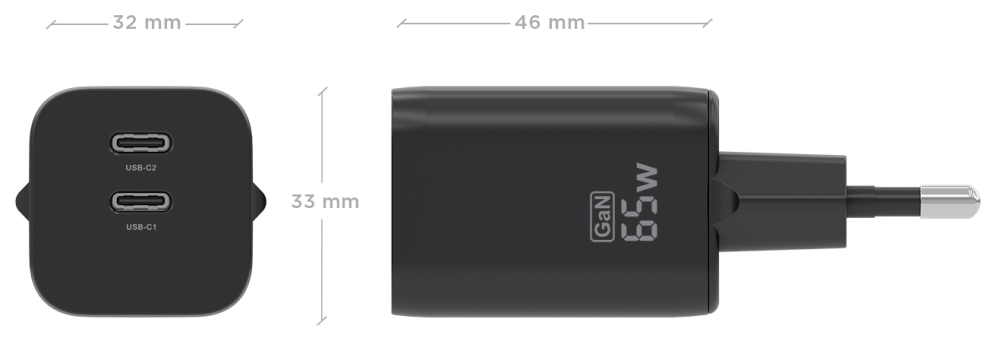 AISENS Cargador GaN 65W. 2xUSB-C PD3.0 QC4.0. Negro - detalle