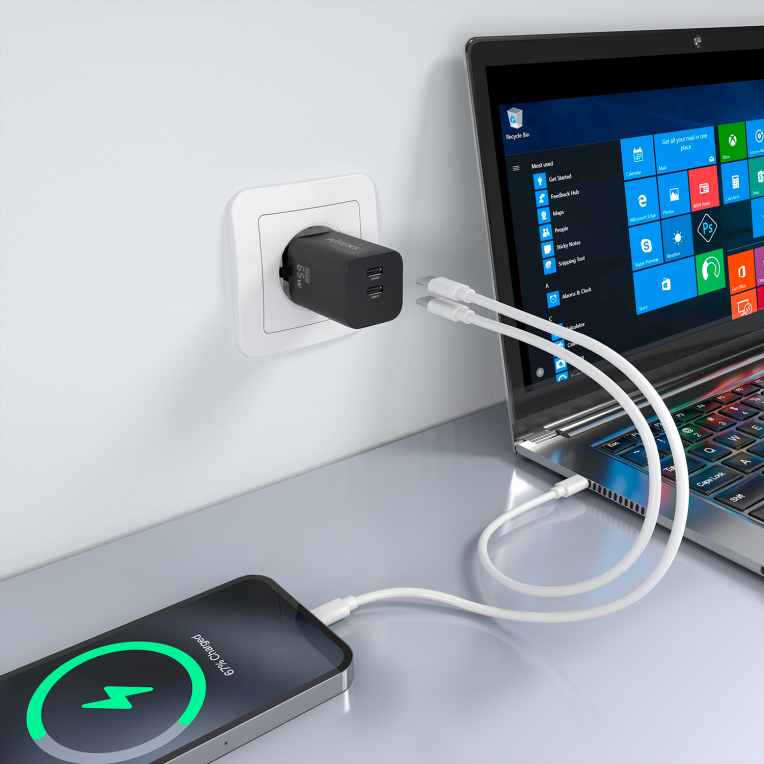AISENS Cargador GaN 65W. 2xUSB-C PD3.0 QC4.0. Negro - detalle