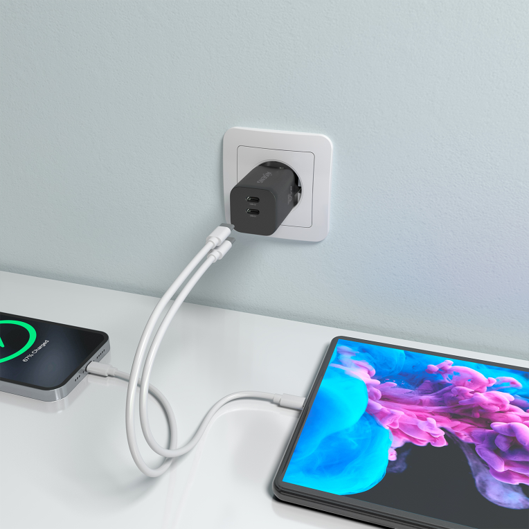 AISENS Cargador GaN 65W. 2xUSB-C PD3.0 QC4.0. Negro - detalle