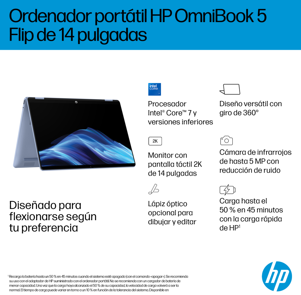 HP 14-FP0007NSX ULTRA 5 325 512GB 16GB 14.0IN WIN11 120U 35.6 cm (14") Pantalla táctil 2K LPDDR5-SDRAM SSD Wi-Fi 6 (802.11ax) Windows 11 Home Azul - detalle