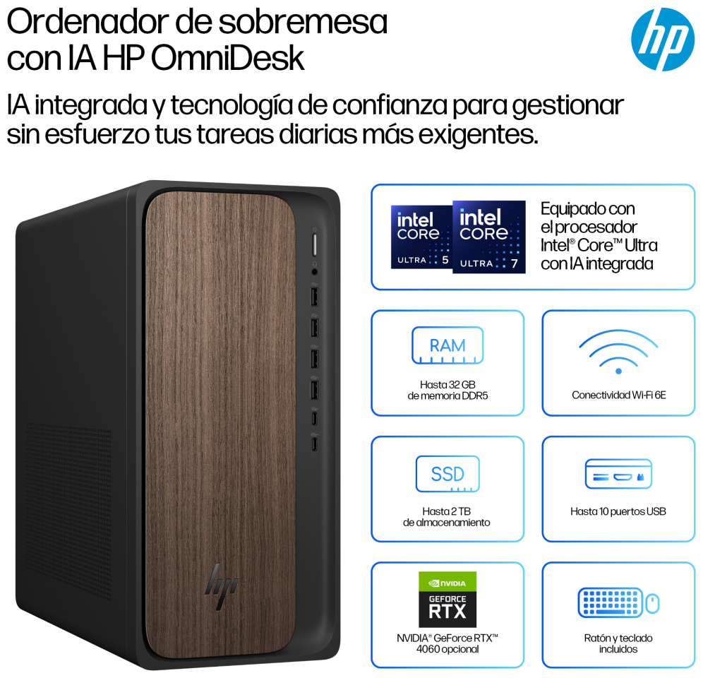 HP M03-0038NS U5-225 512GB 16GB FREEDOS DDR5-SDRAM SSD Torre PC AI PC - detalle