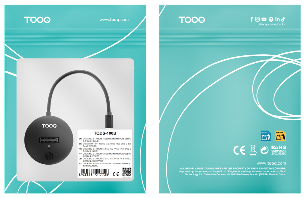 TooQ Docking Station USB-C 3.2 Gen 2x1 para SSD M.2 NVMe PICe. Negra - detalle