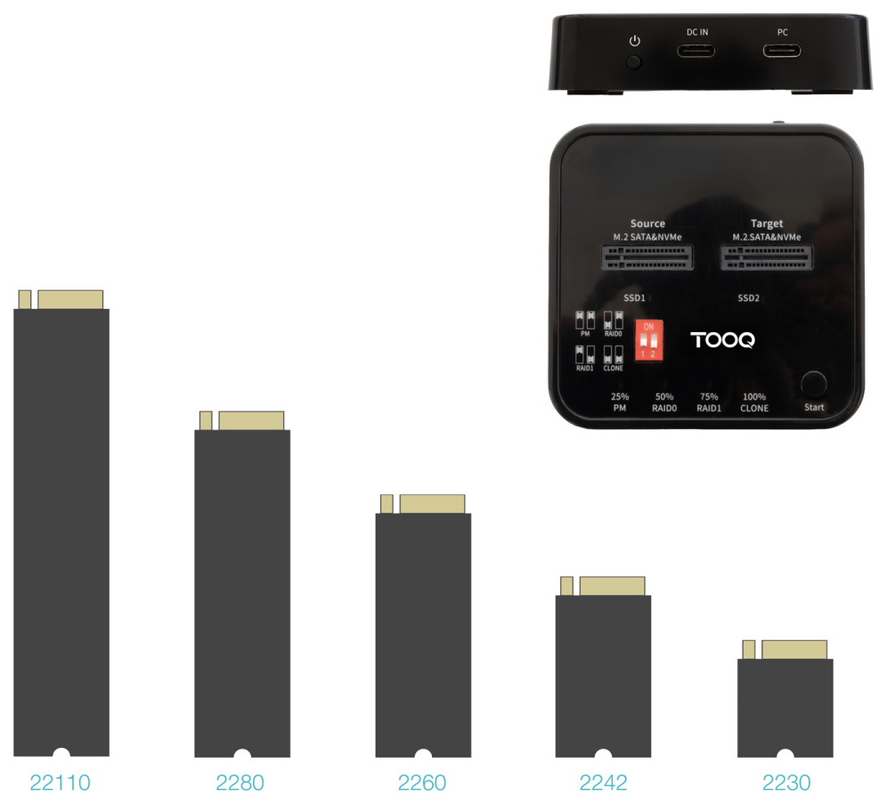 TooQ Docking Station USB-C 3.2 Gen 2 Dual Bay para SSD M.2 NGFF/NVMe Clonador. Negro - detalle