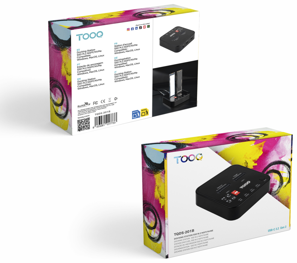 TooQ Docking Station USB-C 3.2 Gen 2 Dual Bay para SSD M.2 NGFF/NVMe Clonador. Negro - detalle