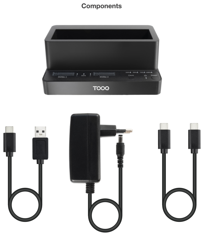 TooQ Docking Station USB-C 3.2 Gen 2 Dos Bahías para SSD M.2 NVMe + Bahía para 2.5"- 3.5" para HDD + Clonador. Negro - detalle