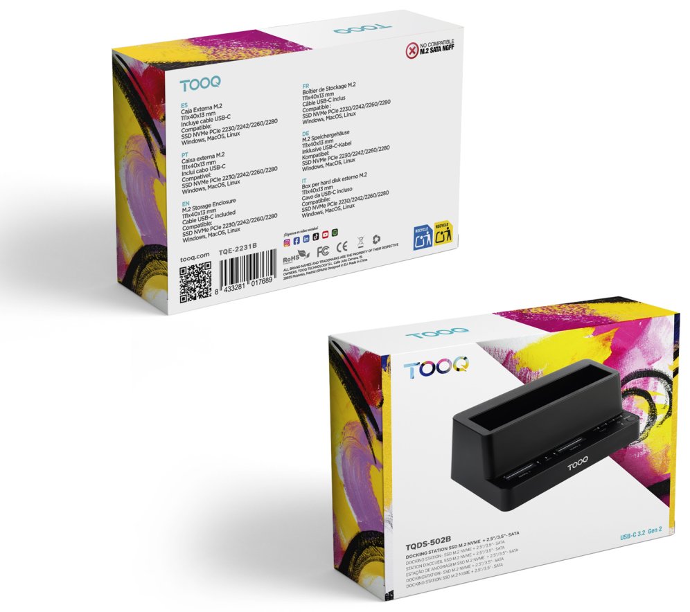 TooQ Docking Station USB-C 3.2 Gen 2 Dos Bahías para SSD M.2 NVMe + Bahía para 2.5"- 3.5" para HDD + Clonador. Negro - detalle