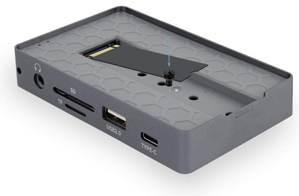 TooQ Caja externa para SSD M.2 NVMe/SATA + HUB USB-C 3.2 Gen2 con 2x USB-A 3.1 + 1x USB-A 2.0 + USB-C 3.2 Gen2 + HDMI 2.0 + RJ45 + SD/TF + AUDIO + USB-C PD 100W. Gris - detalle