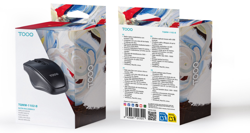 TooQ Ratón inalámbrico. 1600 DPI. 4 botones. Negro - detalle