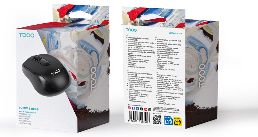 TooQ Ratón inalámbrico. 1600 DPI. 4 botones. Negro - detalle