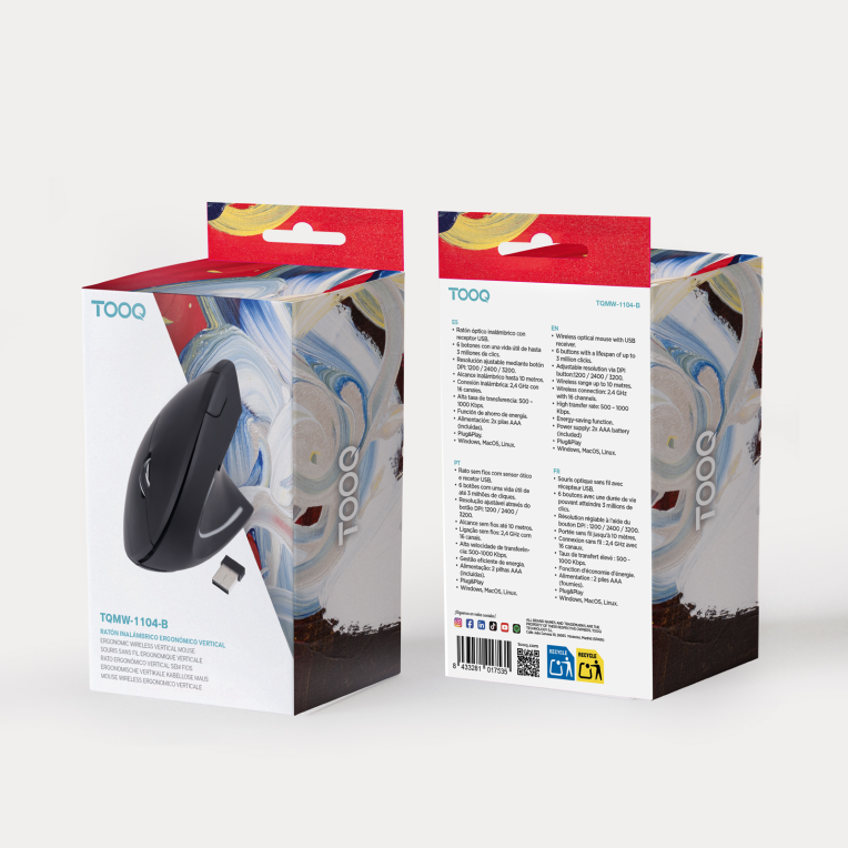 TooQ Ratón Inalámbrico Ergonómico Vertical 3200 DPI. 6 botones. Negro - detalle