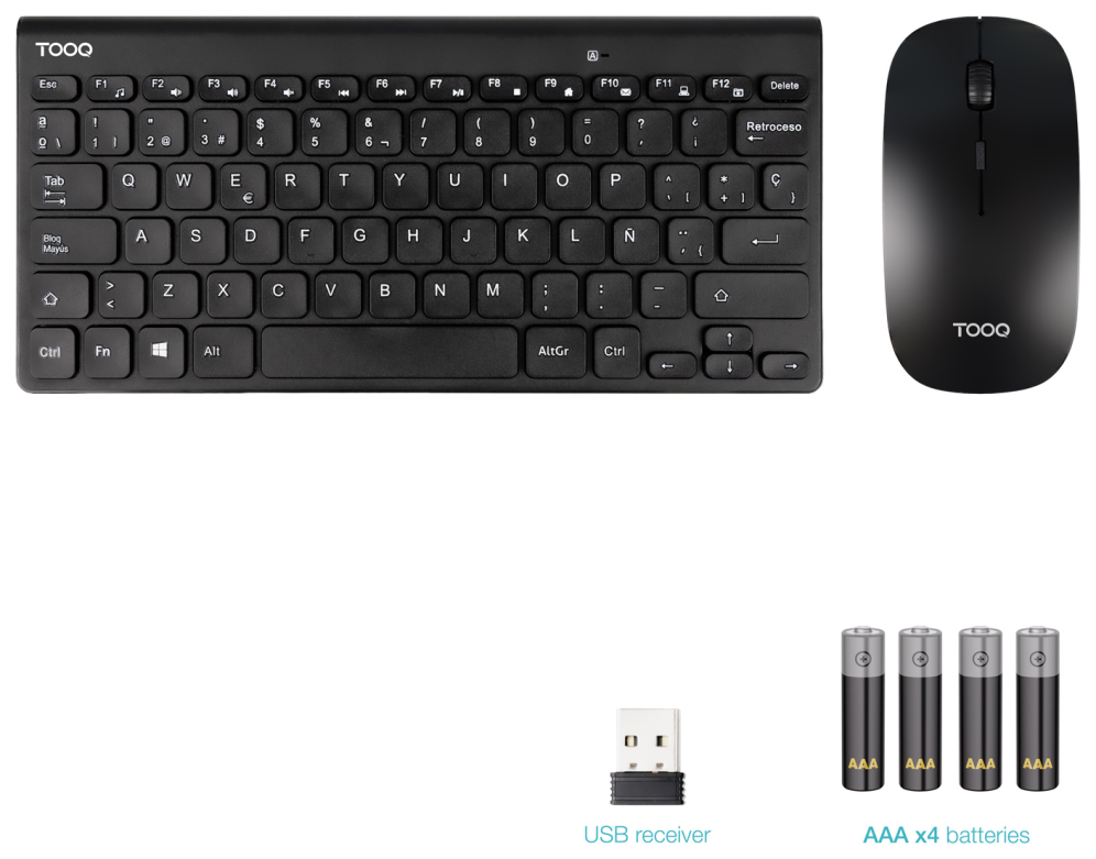 TooQ Teclado compacto + Ratón slim inalámbrico. Negro - detalle