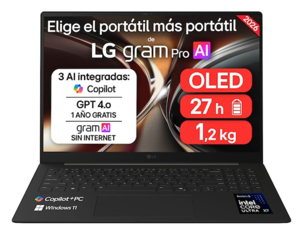 LG Gram Pro 16Z90U 16" Copilot+ PC Intel Core Ultra X7 358H Portátil 40.6 cm (16") WQXGA+ 32 GB LPDDR5x-SDRAM 512 GB SSD Windows 11 Home Negro. Carbono Español - detalle