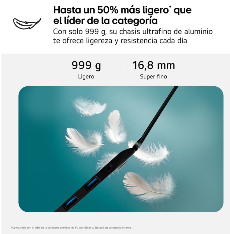 LG Gram Intel® Core™ i5 i5-1334U Portátil 35.6 cm (14") WUXGA 8 GB LPDDR4x-SDRAM 256 GB SSD Wi-Fi 6E (802.11ax) FreeDOS Negro QWERTY Español - detalle