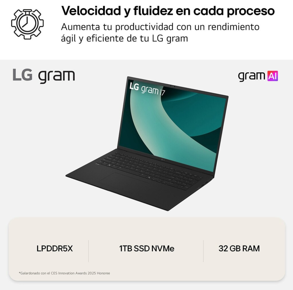 LG Gram 17Z90TL-G.AU88BN ordenador portatil Intel Core Ultra 7 258V Portátil 43.2 cm (17") WQXGA 32 GB LPDDR5x-SDRAM 1 TB SSD Wi-Fi 7 (802.11be) Windows 11 Home Negro - detalle