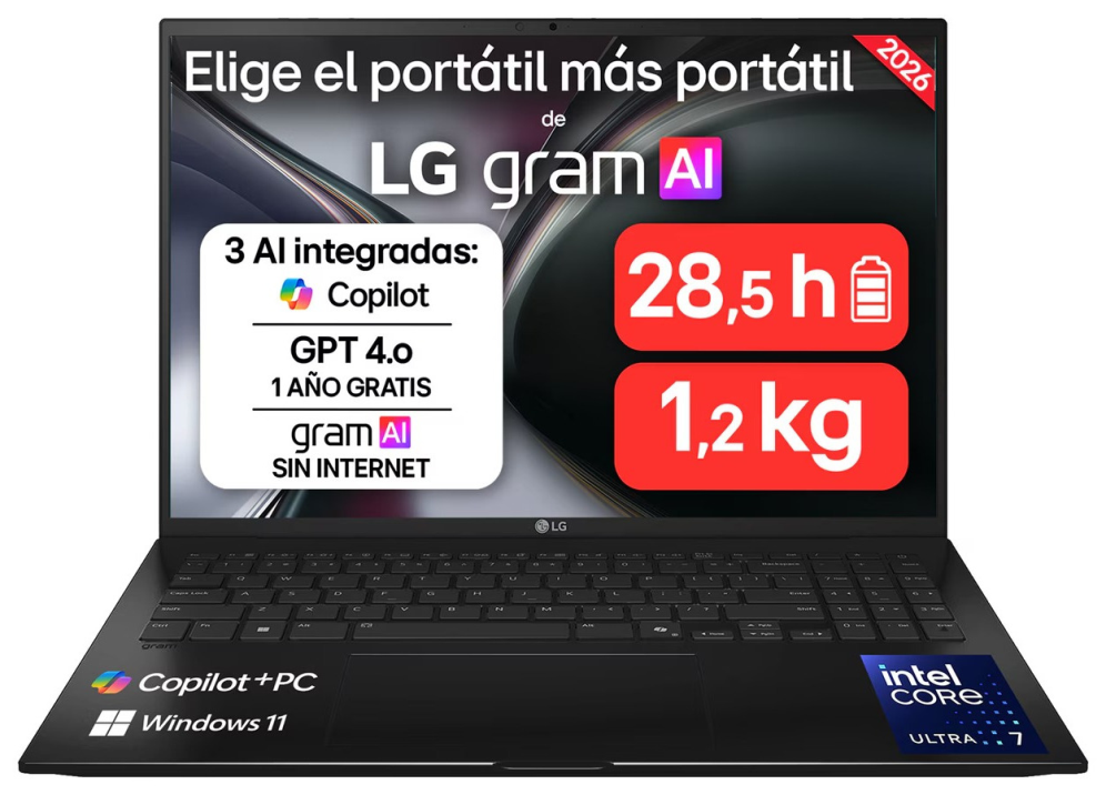 LG Gram 16Z90TL-G ULTRA7-258V IA SYST Intel Core Ultra 7 Portátil 40.6 cm (16") WQXGA 32 GB LPDDR5x-SDRAM 1 TB SSD Wi-Fi 7 (802.11be) Windows 11 Home Negro - detalle