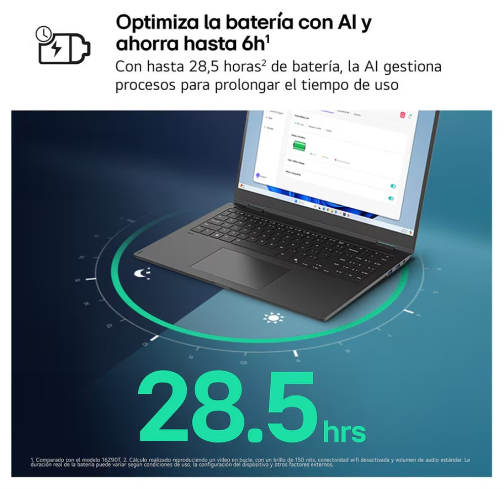 LG Gram 16Z90TL-G ULTRA7-258V IA SYST Intel Core Ultra 7 Portátil 40.6 cm (16") WQXGA 32 GB LPDDR5x-SDRAM 1 TB SSD Wi-Fi 7 (802.11be) Windows 11 Home Negro - detalle