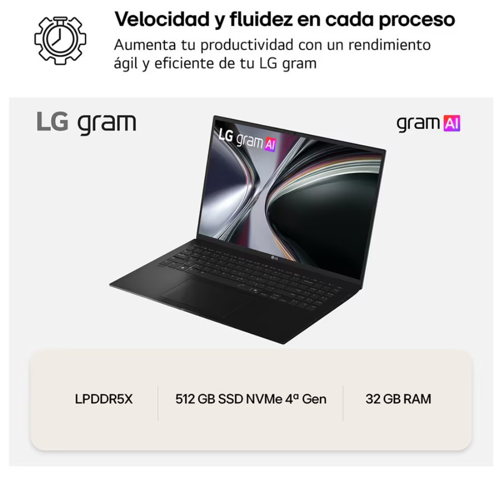 LG Gram 16Z90TL-G ULTRA7-258V IA SYST Intel Core Ultra 7 Portátil 40.6 cm (16") WQXGA 32 GB LPDDR5x-SDRAM 1 TB SSD Wi-Fi 7 (802.11be) Windows 11 Home Negro - detalle