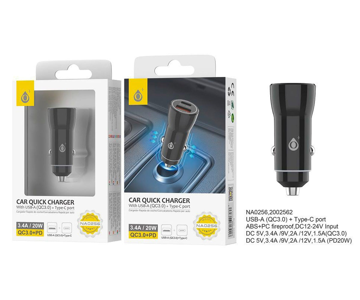 JC NA0256 BLACK / CARGADOR DE VEHÍCULO USB-C / USB-A 20W