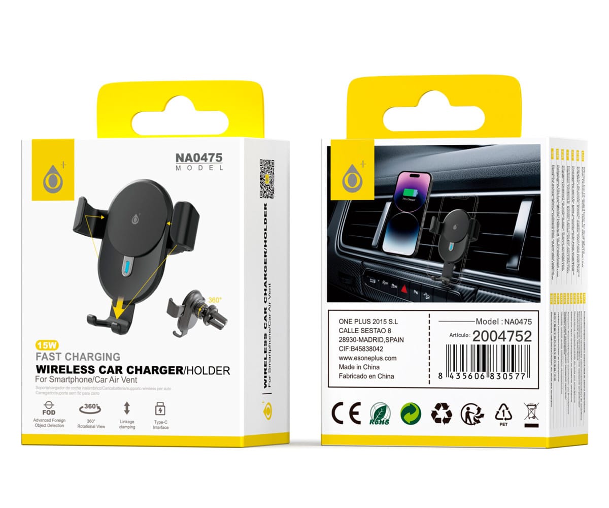 JC NA0475 SOPORTE UNIVERSAL DE MOVIL PARA AIRVENT DE COCHE / SOPORTA CARGA INALAMBRICA 15W