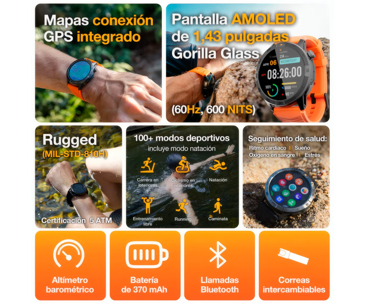AGM LEGION PRO BLACK / SMARTWATCH 1.43" / GPS - detalle