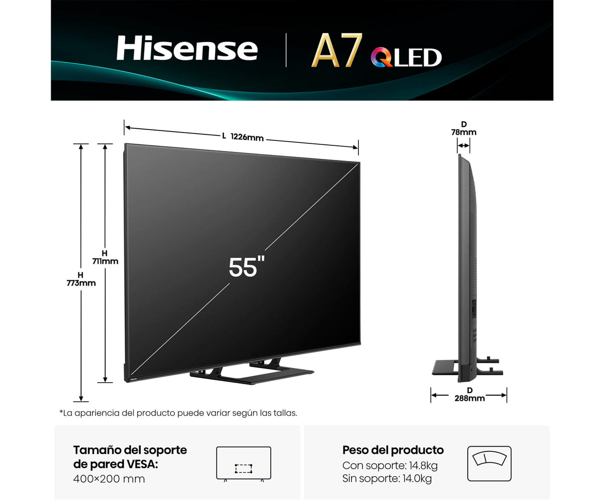 HISENSE 55A7Q / TELEVISOR SMART TV 55'' QLED 4K DOLBY VISION Y ATMOS - detalle