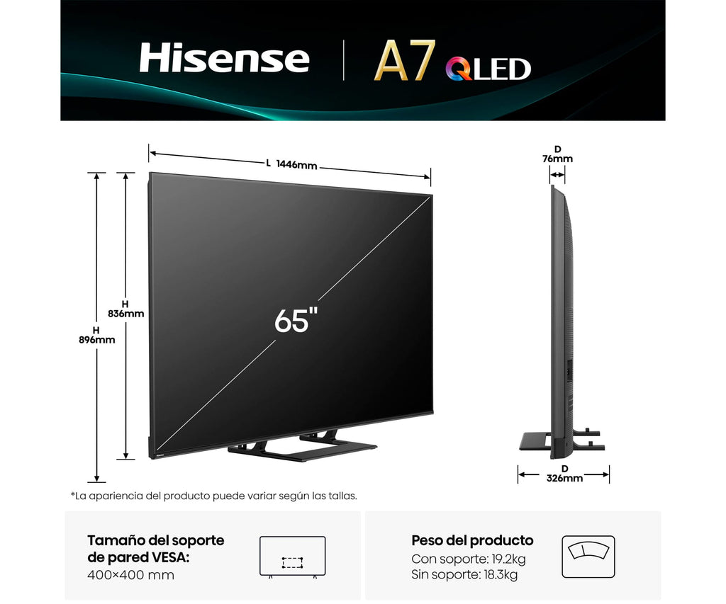 HISENSE 65A7Q / TELEVISOR SMART TV 65'' QLED 4K DOLBY VISION Y ATMOS - detalle