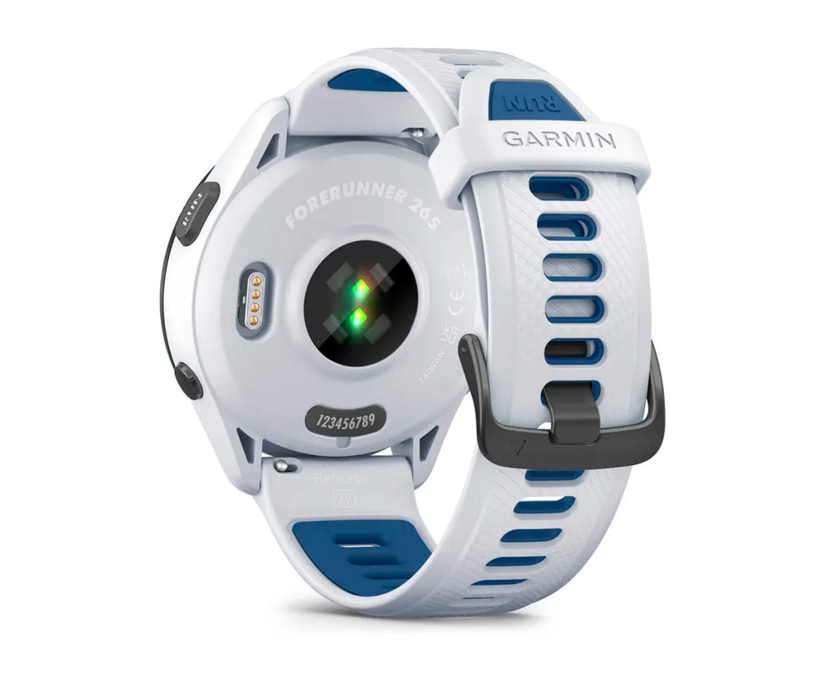 GARMIN FORERUNNER® 265 NEGRO CON CARCASA EN BLANCO Y CORREA DE SILICONA EN BLANCO/AZUL / SMARTWATCH 46MM - detalle