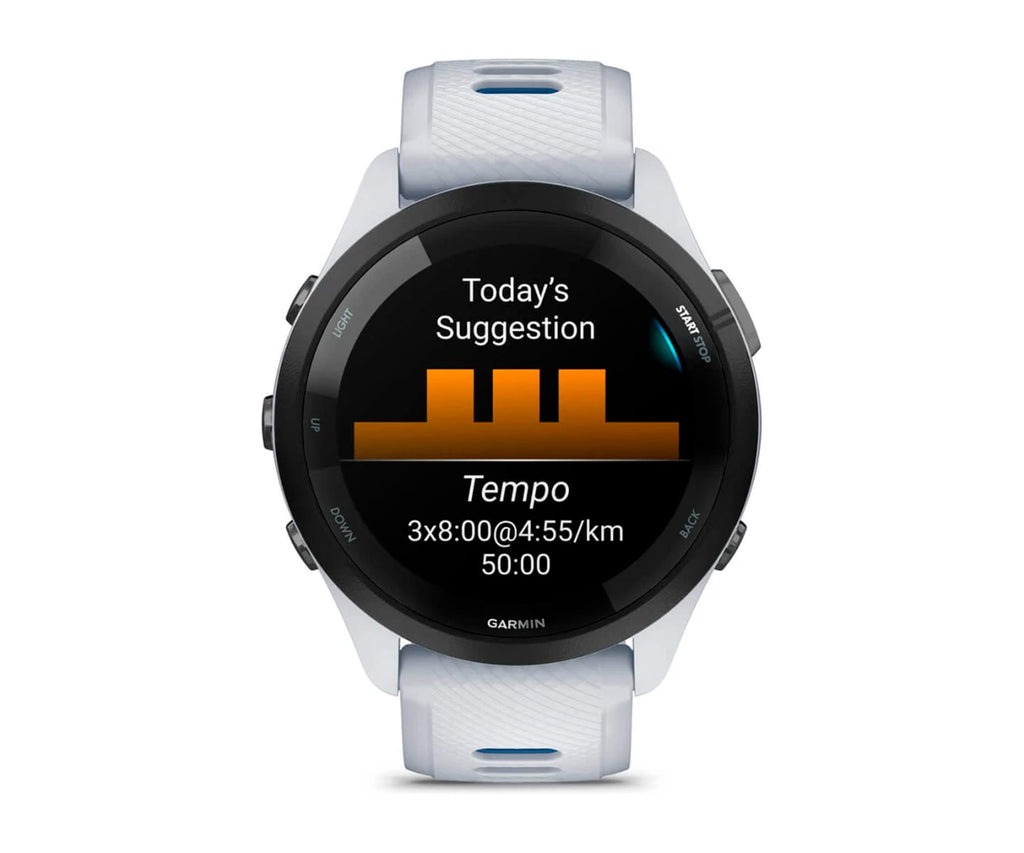 GARMIN FORERUNNER® 265 NEGRO CON CARCASA EN BLANCO Y CORREA DE SILICONA EN BLANCO/AZUL / SMARTWATCH 46MM - detalle