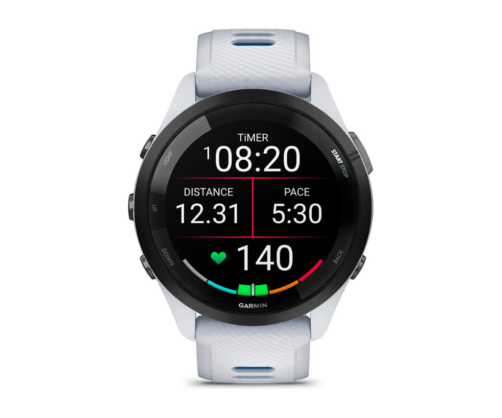 GARMIN FORERUNNER® 265 NEGRO CON CARCASA EN BLANCO Y CORREA DE SILICONA EN BLANCO/AZUL / SMARTWATCH 46MM - detalle