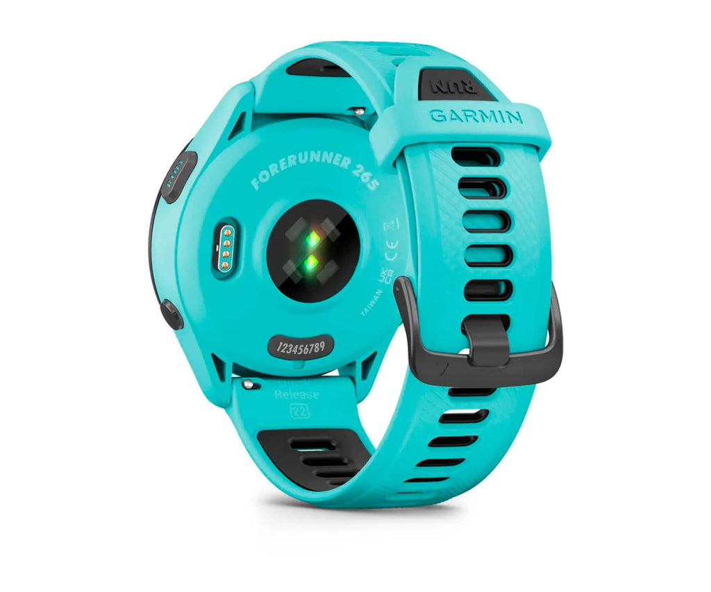 GARMIN FORERUNNER® 265 NEGRO CON CARCASA EN TURQUESA Y CORREA DE SILICONA EN TURQUESA/NEGRO / SMARTWATCH 46MM - detalle