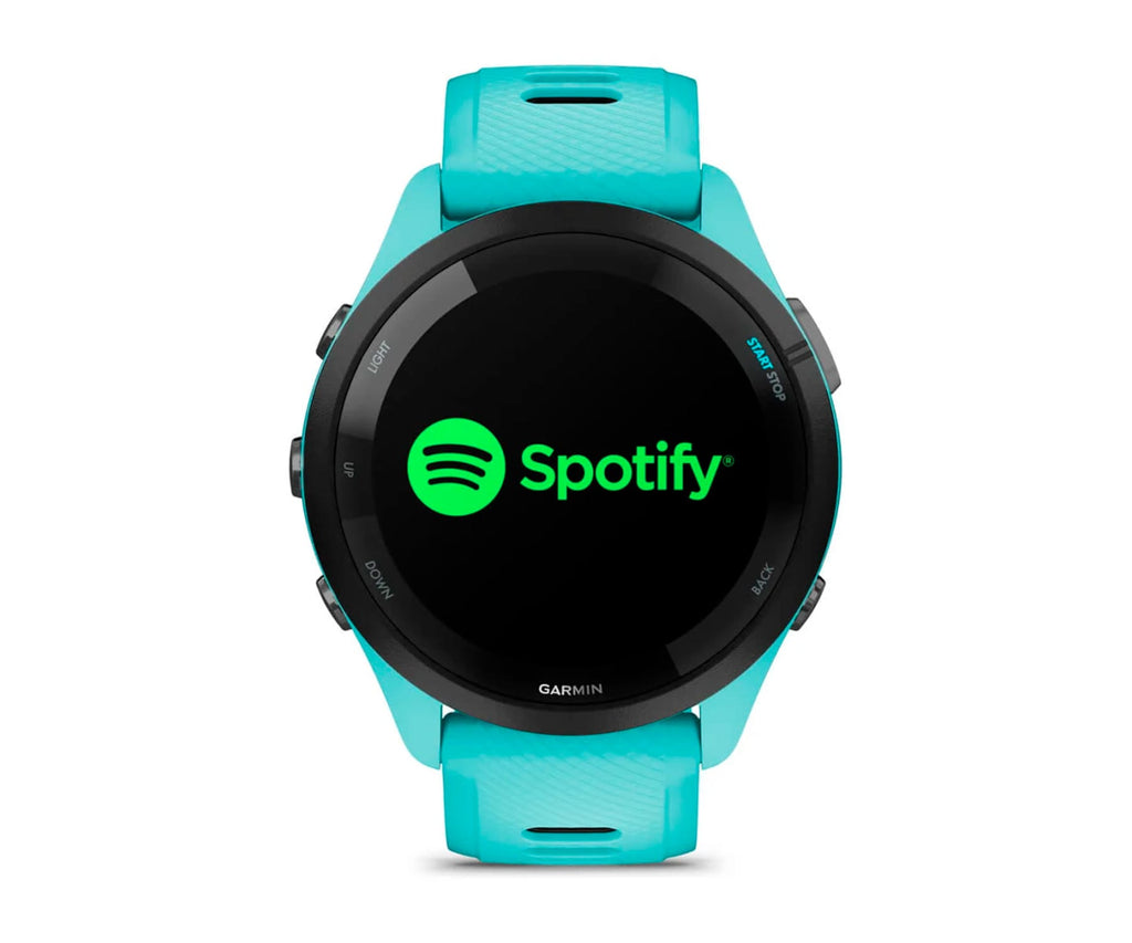 GARMIN FORERUNNER® 265 NEGRO CON CARCASA EN TURQUESA Y CORREA DE SILICONA EN TURQUESA/NEGRO / SMARTWATCH 46MM - detalle