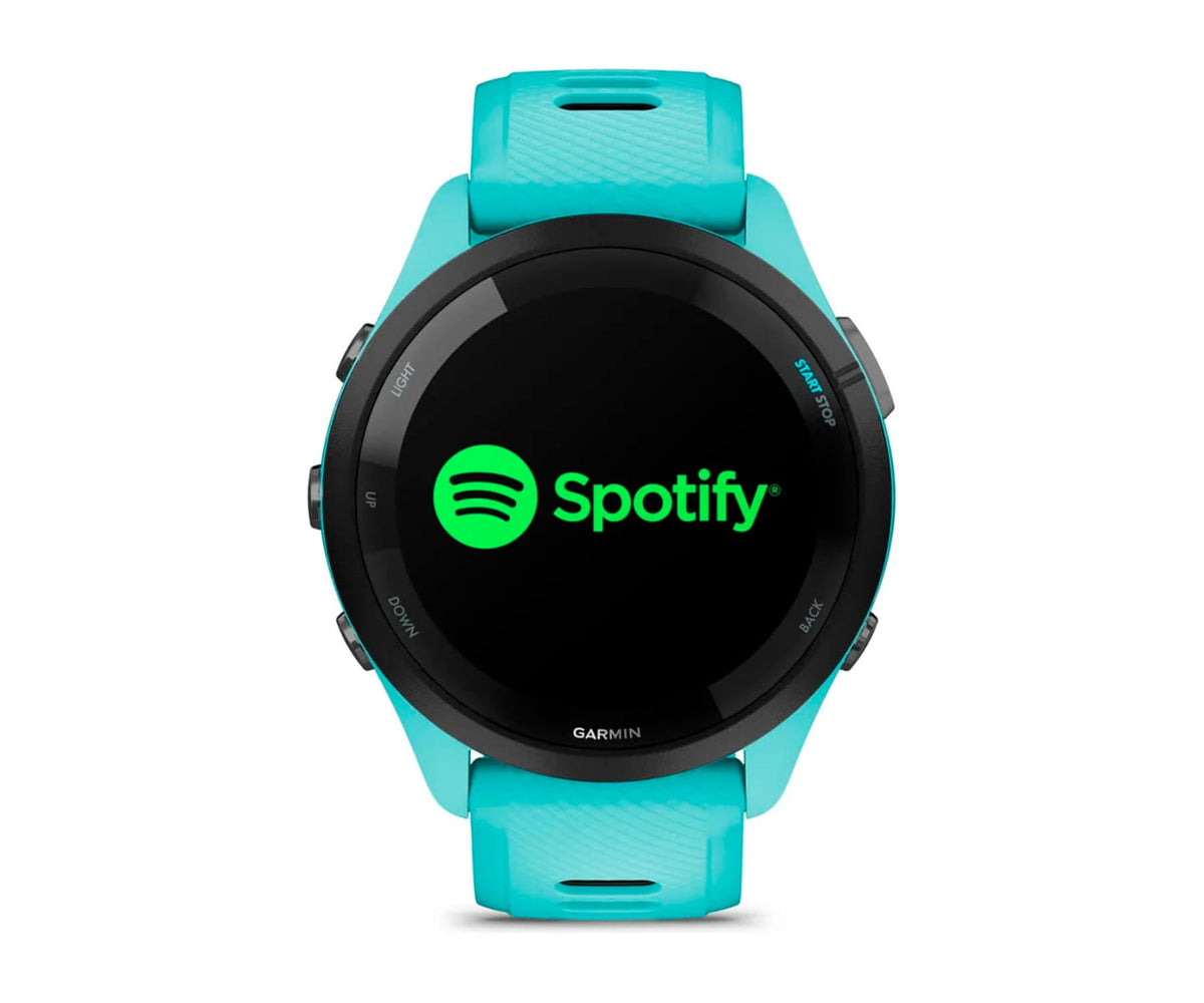 GARMIN FORERUNNER® 265 NEGRO CON CARCASA EN TURQUESA Y CORREA DE SILICONA EN TURQUESA/NEGRO / SMARTWATCH 46MM - detalle