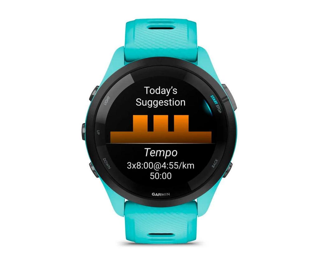 GARMIN FORERUNNER® 265 NEGRO CON CARCASA EN TURQUESA Y CORREA DE SILICONA EN TURQUESA/NEGRO / SMARTWATCH 46MM - detalle