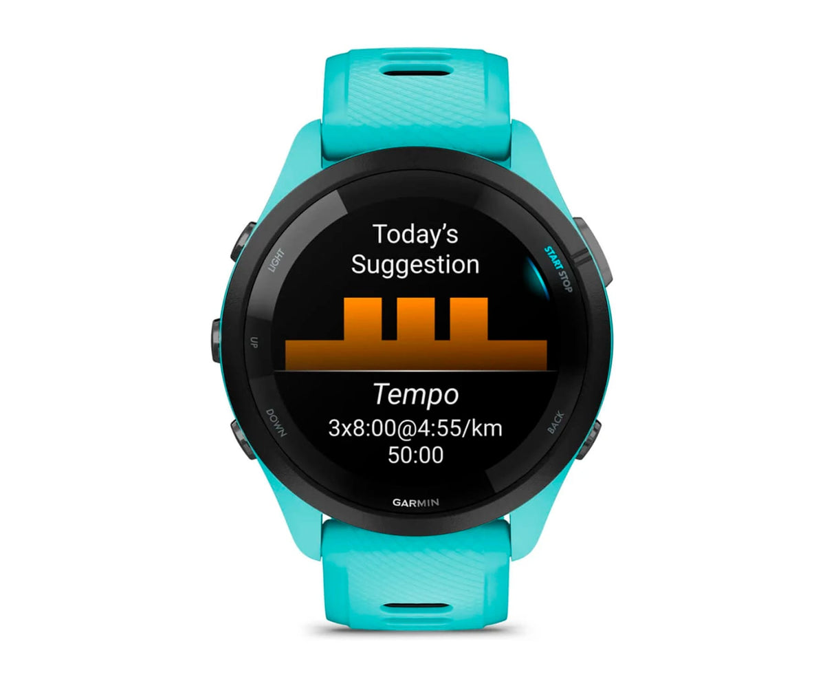 GARMIN FORERUNNER® 265 NEGRO CON CARCASA EN TURQUESA Y CORREA DE SILICONA EN TURQUESA/NEGRO / SMARTWATCH 46MM - detalle