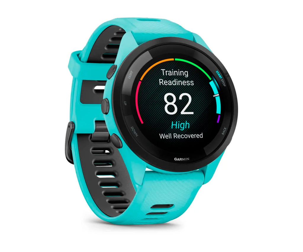 GARMIN FORERUNNER® 265 NEGRO CON CARCASA EN TURQUESA Y CORREA DE SILICONA EN TURQUESA/NEGRO / SMARTWATCH 46MM - detalle