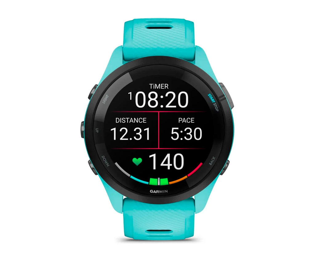 GARMIN FORERUNNER® 265 NEGRO CON CARCASA EN TURQUESA Y CORREA DE SILICONA EN TURQUESA/NEGRO / SMARTWATCH 46MM - detalle