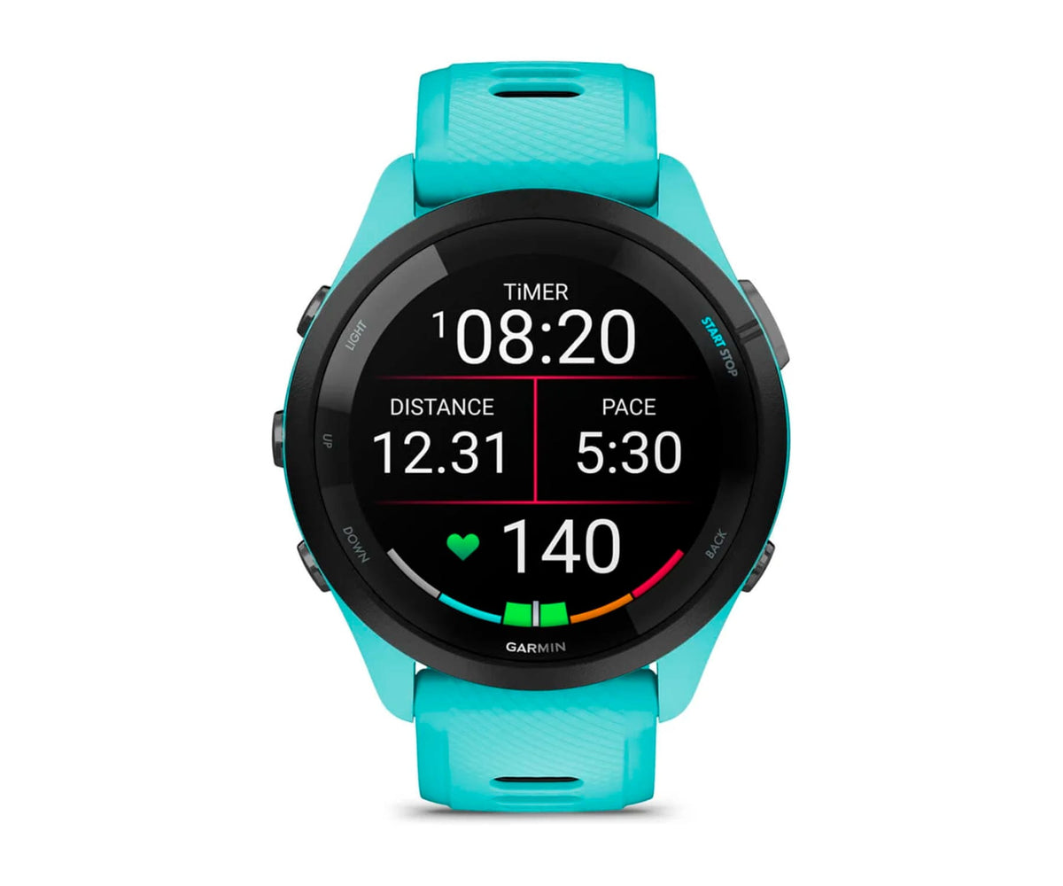 GARMIN FORERUNNER® 265 NEGRO CON CARCASA EN TURQUESA Y CORREA DE SILICONA EN TURQUESA/NEGRO / SMARTWATCH 46MM - detalle