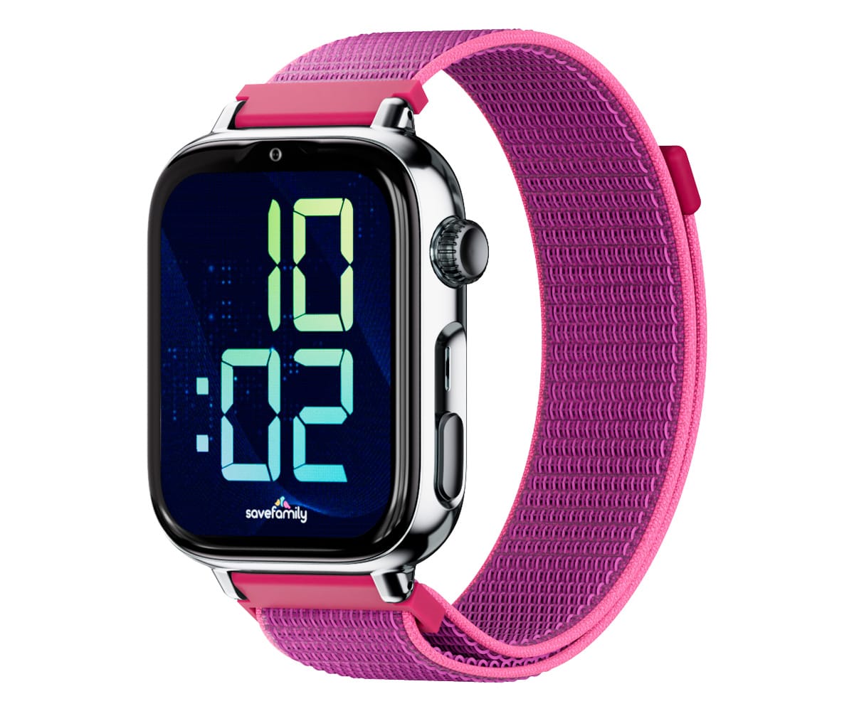 SAVEFAMILY SAVEWATCH PLUS 2 JUNIOR (+8 AÑOS) PLATA CON CORREA DE TELA FRAMBUESA / SMARTWATCH 4G PARA NIÑOS