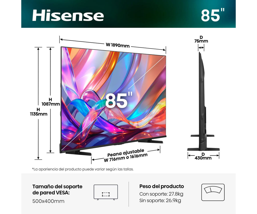 HISENSE 85E7S / TELEVISOR SMART TV 85" QLED UHD 4K HDR - detalle